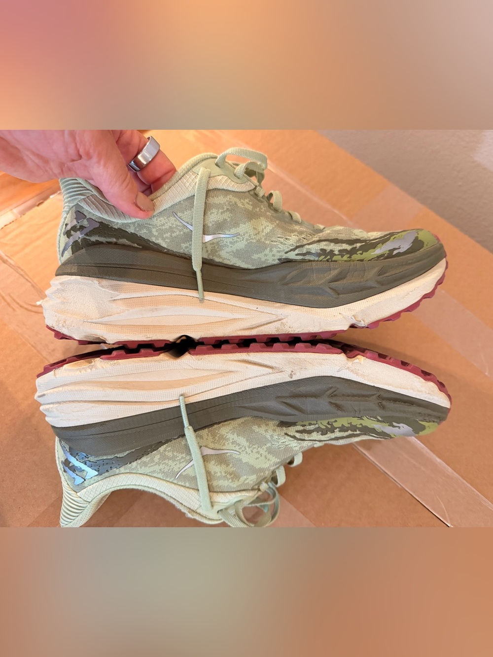 Hoka Women’s rare Stinson 7 Trail Sneaker in Sage Green with Pink Logo - Picture 4 of 9